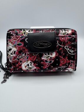 Ed Hardy Black & Red Skull-and-Rose Wristlet Wallet